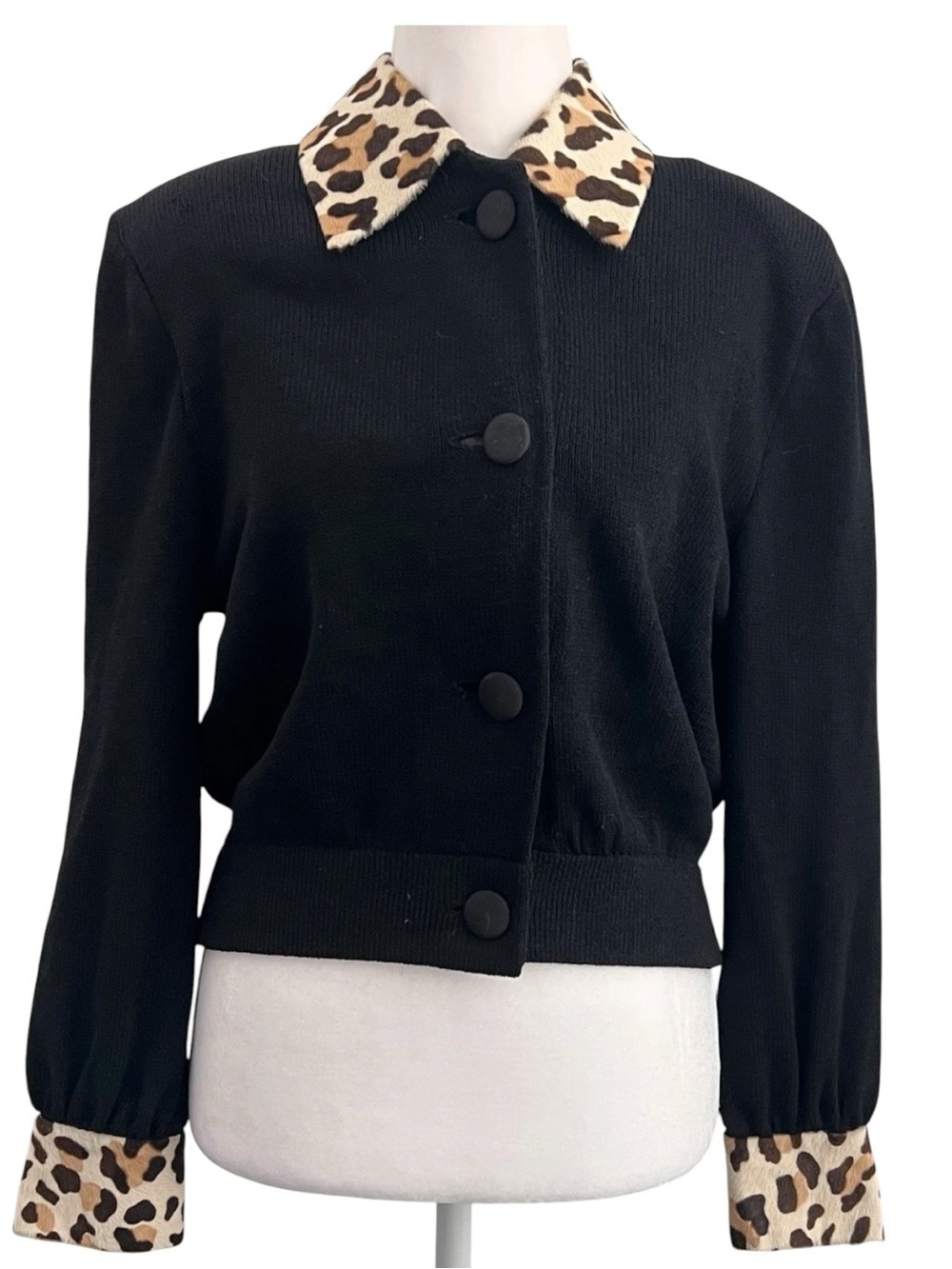 St. John Separates Vintage Black Knit Leopard Trim Cardigan Jacket Women’s 4
